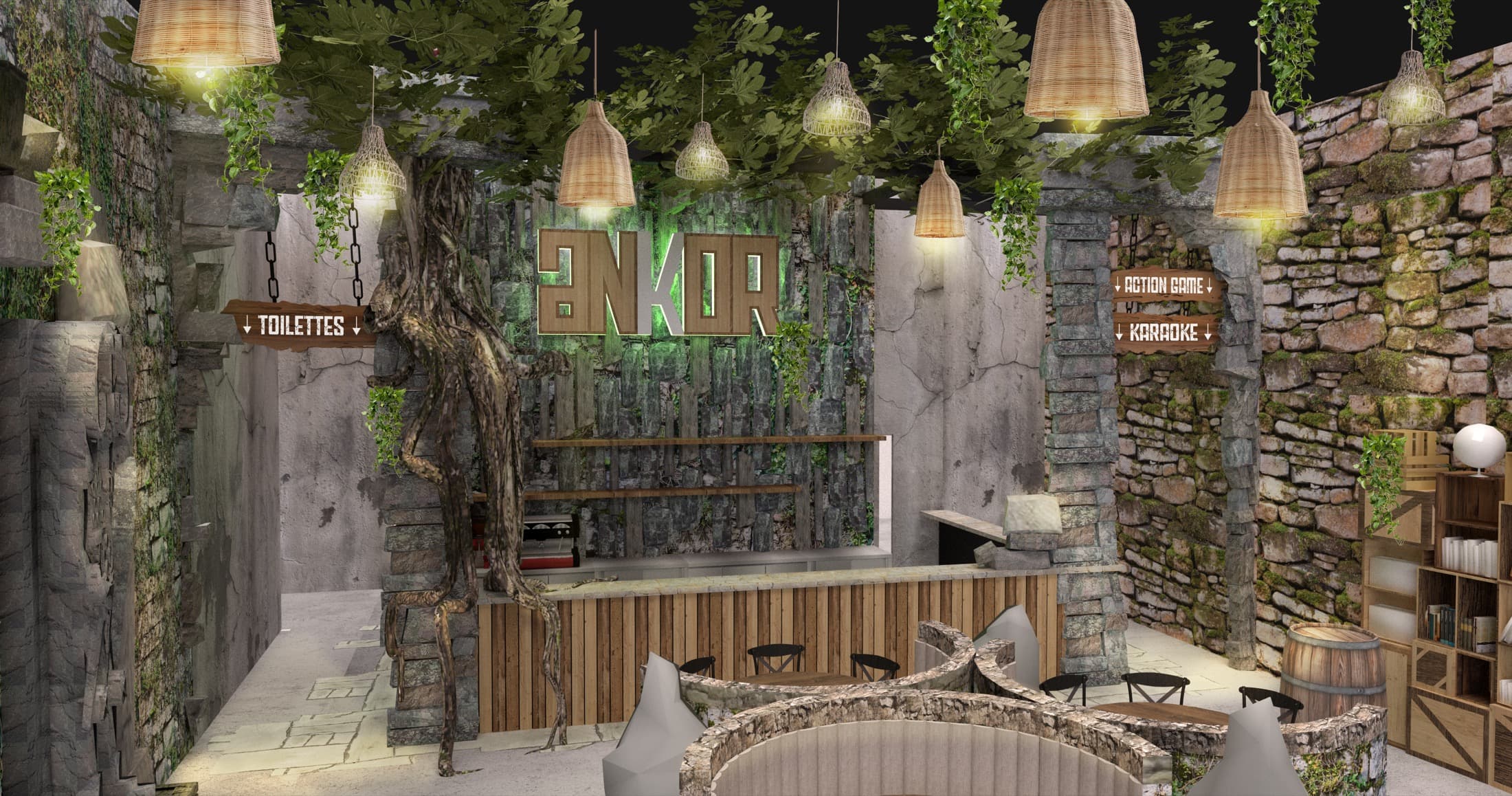 Rendu 3D de l'espace central bar et restaurant d'Ankor, en lumière réelle du projet