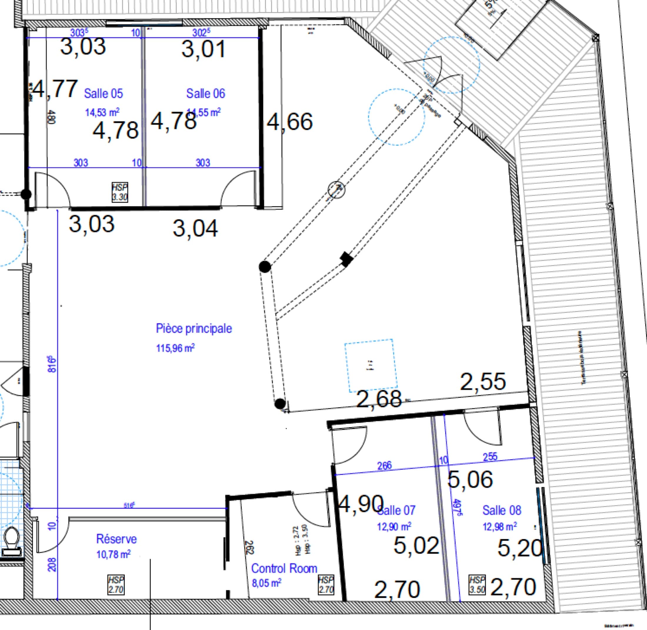 Plan coté des salles du Temple à La Rochelle, avec les circulations et les réserves