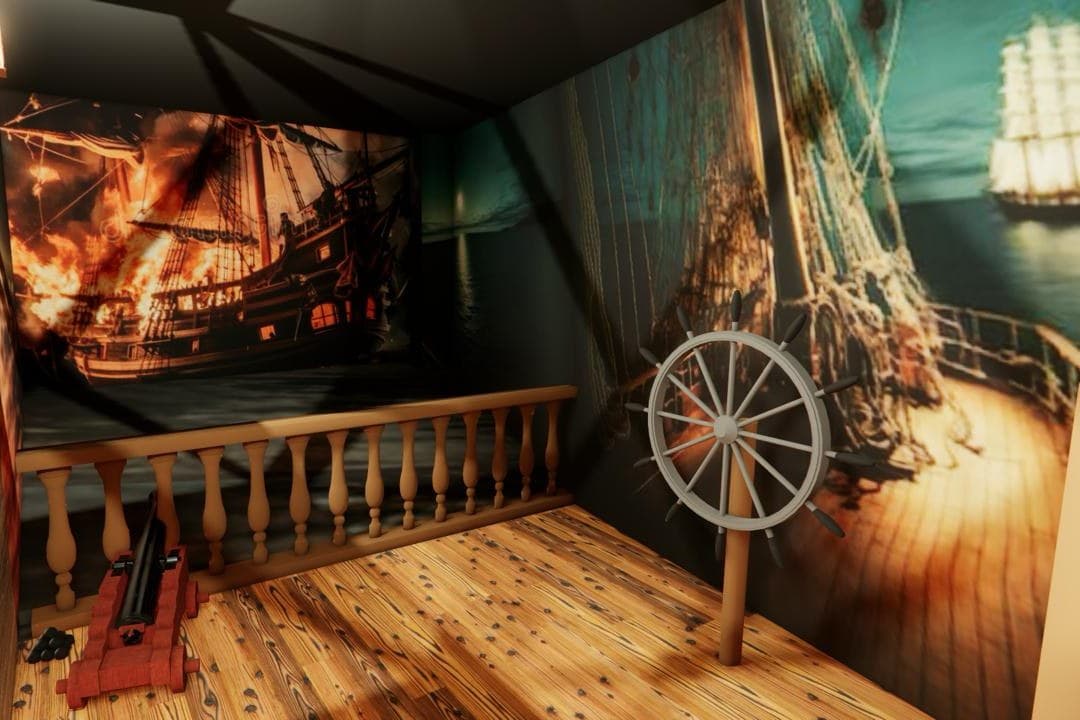 Rendu 3D de la salle de l'attaque de Pirate Experience à Paris, décor et lumière du projet