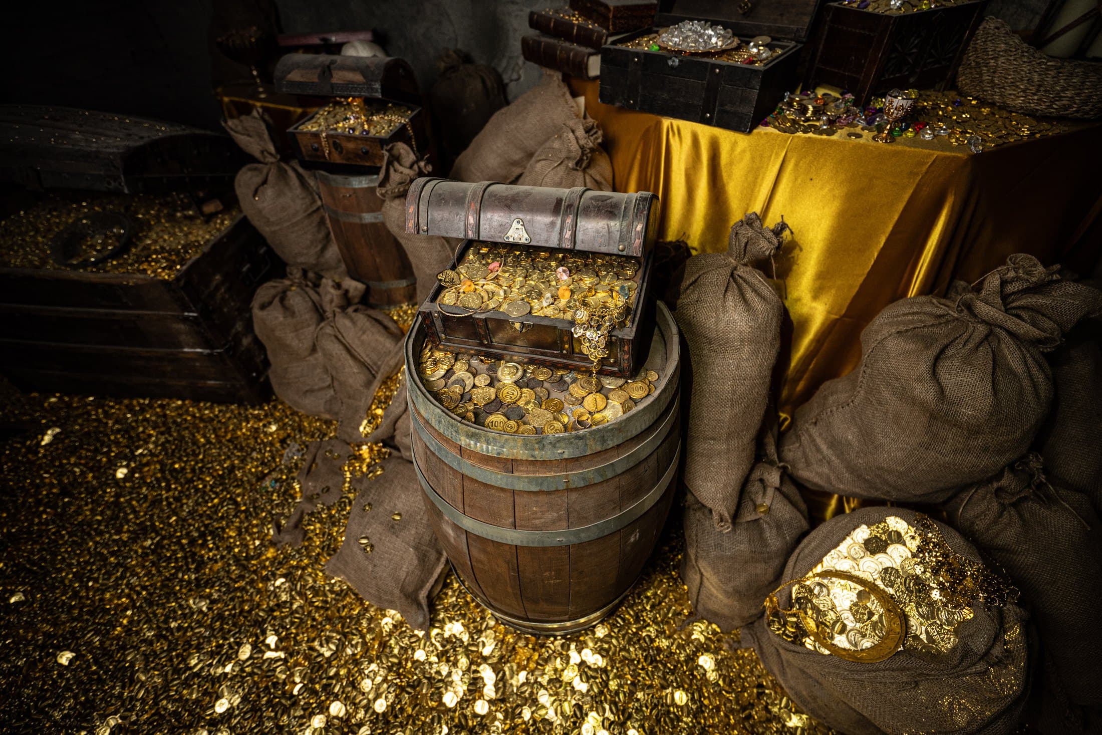 La salle du trésor : coffre, sacs et pièces d'or